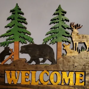 Handmade rustic wooden welcome sign New Hampshire, Engraved bear and deer wooden welcome sign