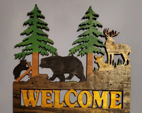 Handmade rustic wooden welcome sign New Hampshire, Engraved bear and deer wooden welcome sign