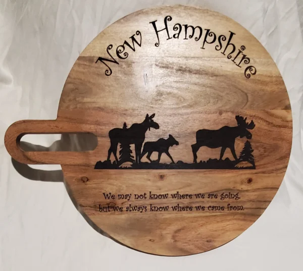 New Hampshire Moose Family Laser-Engraved Round Charcuterie Board