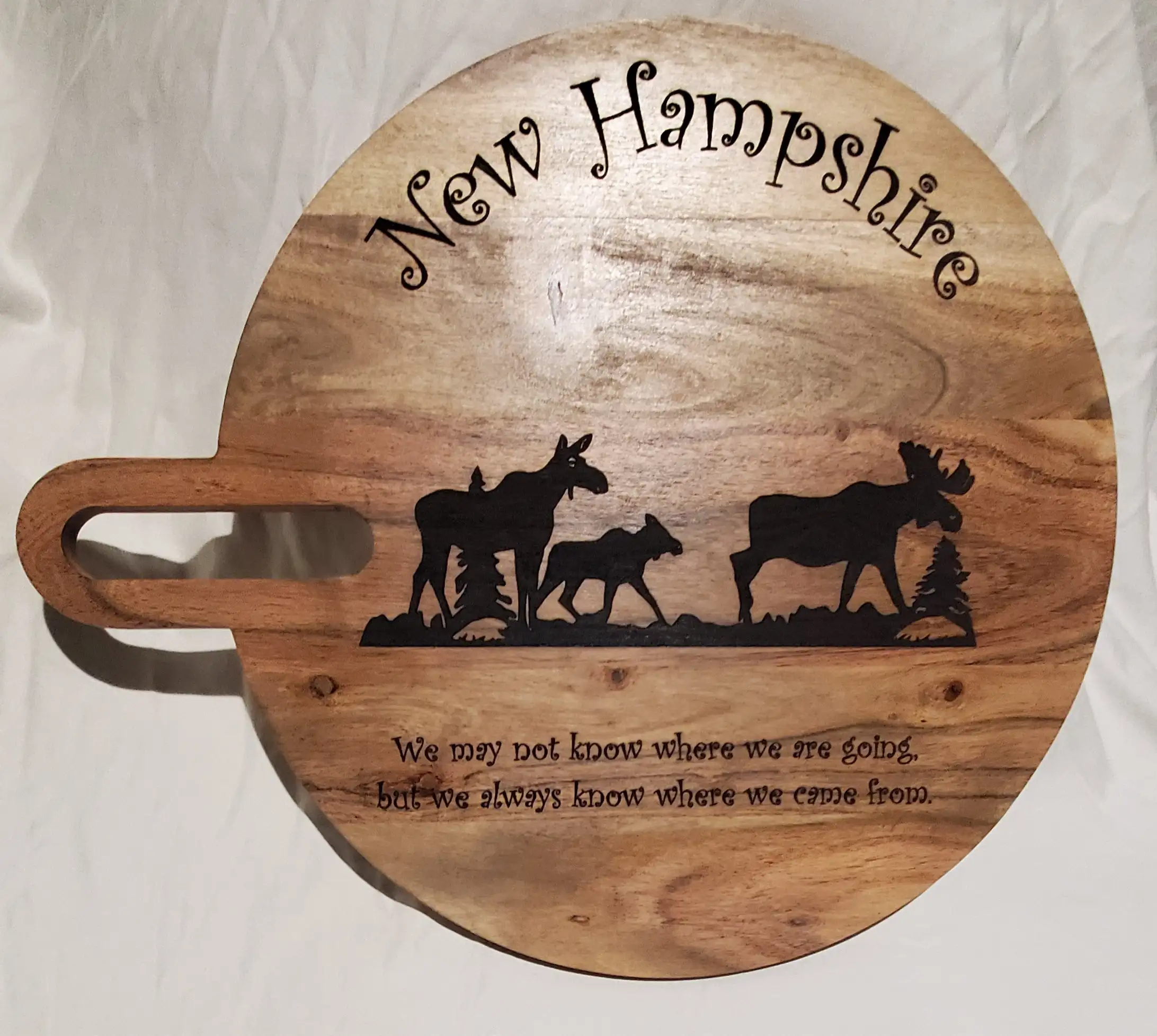 Handmade acacia wood charcuterie board with moose engraving New Hampshire Moose Family Laser-Engraved Round Charcuterie Board