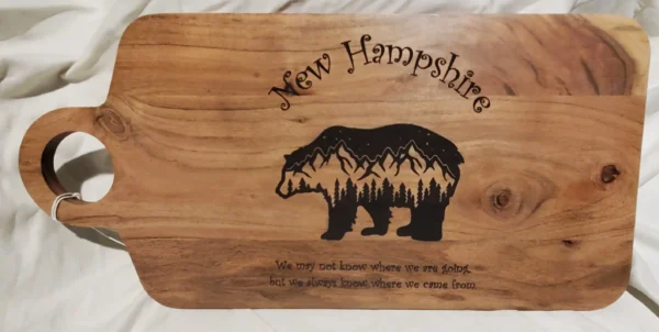 New Hampshire Bear Charcuterie Board engraved acacia wood