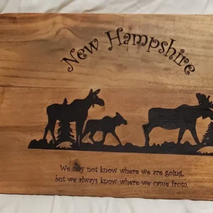 Rustic rectangular board with family saying New Hampshire