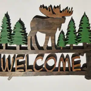 Handmade wooden moose welcome sign with forest theme décor