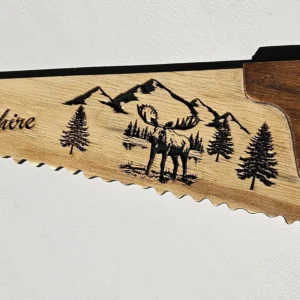 Handmade rustic wooden saw wall art New Hampshire, New Hampshire moose engraved wooden saw décor