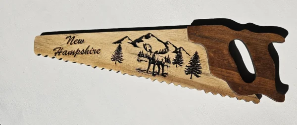 Handmade rustic wooden saw wall art New Hampshire, New Hampshire moose engraved wooden saw décor