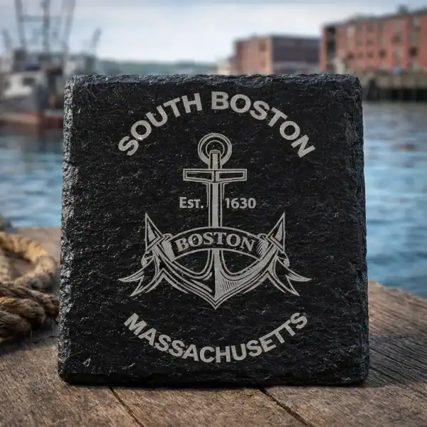 Laser engraved South Boston slate coaster displayed with Boston skyline at sunset