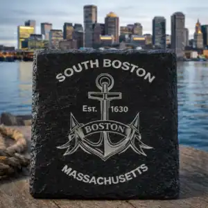 South Boston anchor slate coaster with Boston skyline and harbor in background