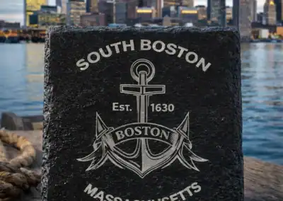 Anchor engraved slate coaster featuring South Boston and Massachusetts text.
