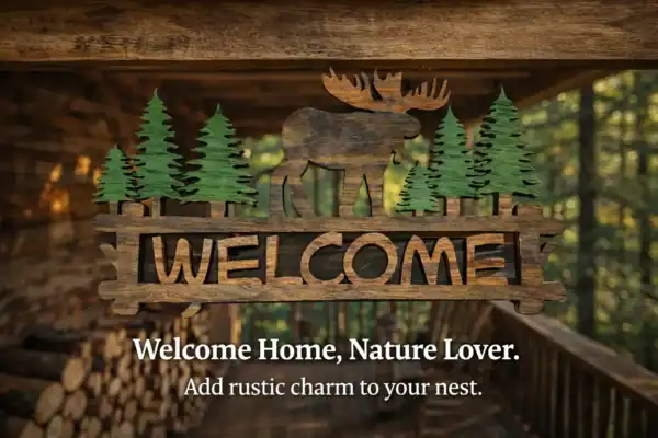 Decorative welcome moose sign hanging on rustic cabin wall with evergreen trees