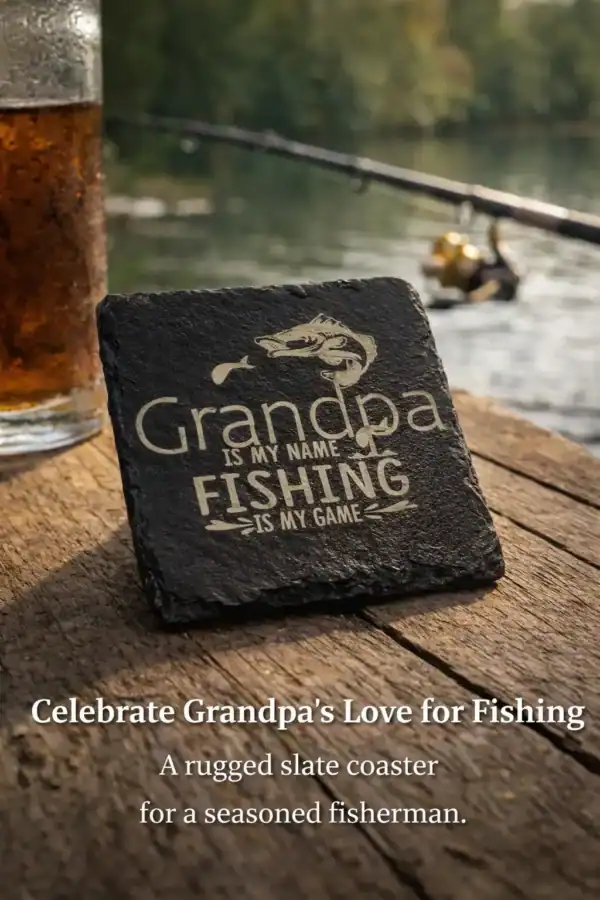 Rugged slate coaster engraved with "Grandpa is My Name, Fishing is My Game" for fishing enthusiasts.