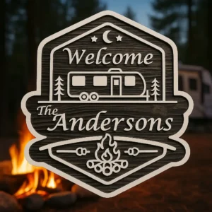 Personalized RV wooden sign engraved with family name