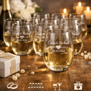 Personalized engraved stemless wine glasses for weddings, set of 12, with custom names, date, and el.