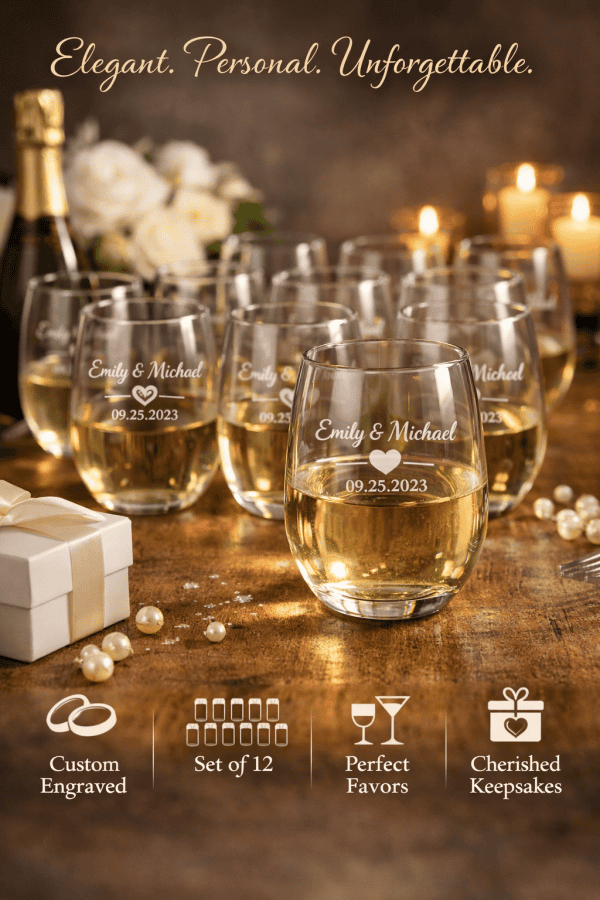 Personalized engraved stemless wine glasses for weddings, set of 12, with custom names, date, and el.