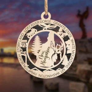 New Hampshire State Laser Engraved Ornament is a great way to to remember some of the important places in the Granite state. This ornament can hang proudly on your holiday tree to showcase your love for New Hampshire or place it on display year-round to add a touch of the state's beauty.