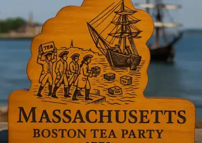 Historical Boston Tea Party wooden sign for home decor and educational displays.