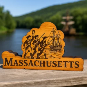 Massachusetts Wooden Sign with engraved Minutemen and ship