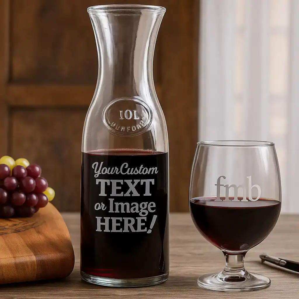 Custom engraved wine carafe with Your Text Here option and matching wine glass etched with fmb logo, displayed with grapes and cork on rustic wooden table.