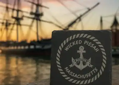 Boston-themed Wicked Pissah slate coaster with anchor design, perfect for humor gifts.