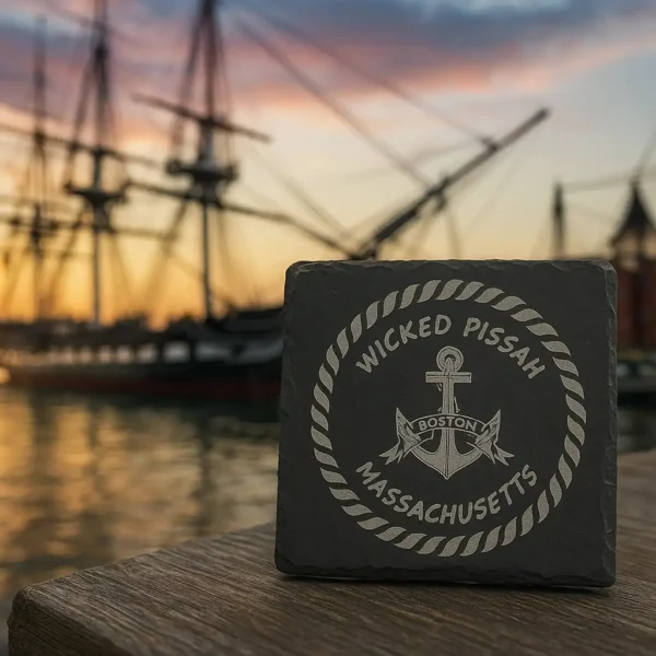 Wicked Pissah slate coaster with Boston anchor design