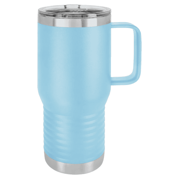 Stainless steel insulated travel tumbler with handle, powder coated finish, perfect for hot or cold.