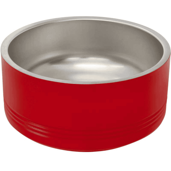 High-quality red and silver metal bowl for kitchen or dining.