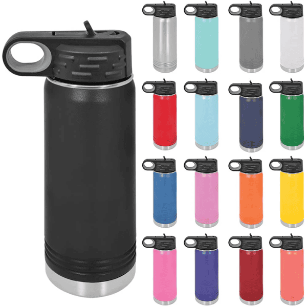 2. Custom engraved stainless steel water bottle with leak-proof lid, available in multiple colors for fitness and outdoor activities.