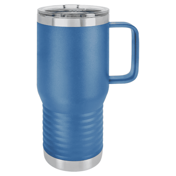 Stainless steel insulated travel tumbler with handle, powder coated finish, perfect for hot or cold.