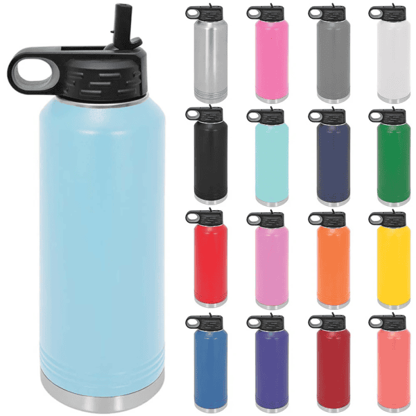 Colorful personalized laser engraved water bottles.