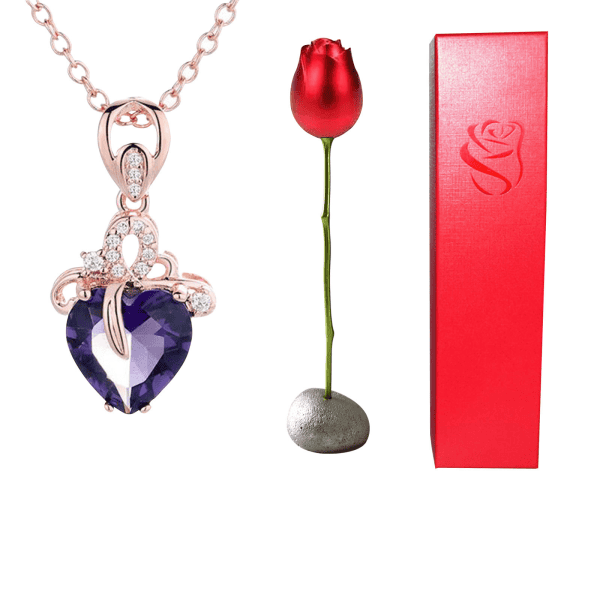 Elegant purple heart-shaped amethyst pendant with diamond accents on a rose gold chain.