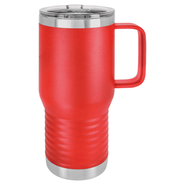 Stainless steel insulated travel tumbler with handle, powder coated finish, perfect for hot or cold.