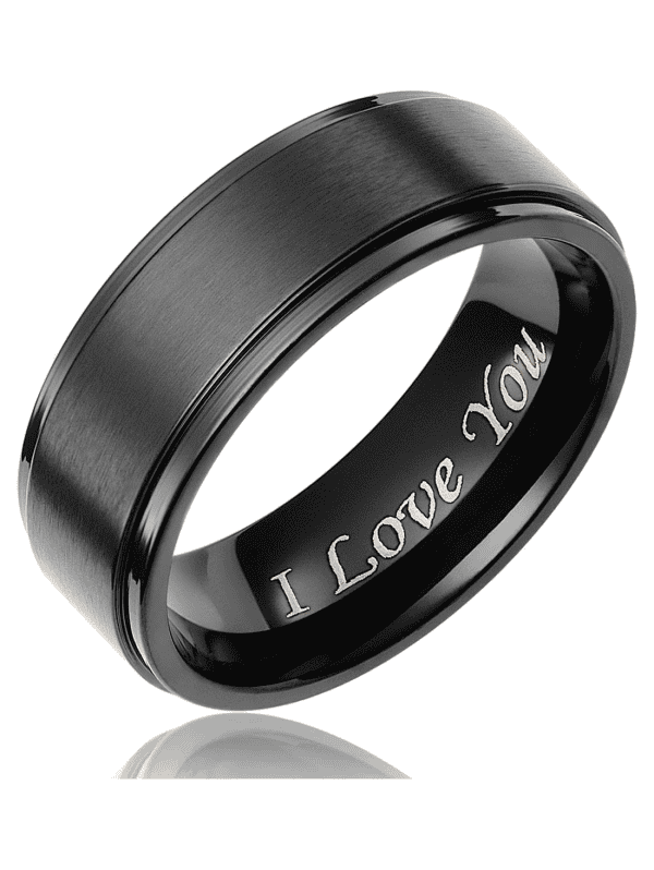 Engraved black stainless steel love ring with "I Love You" message, custom jewelry, wedding band, laser engraved design.