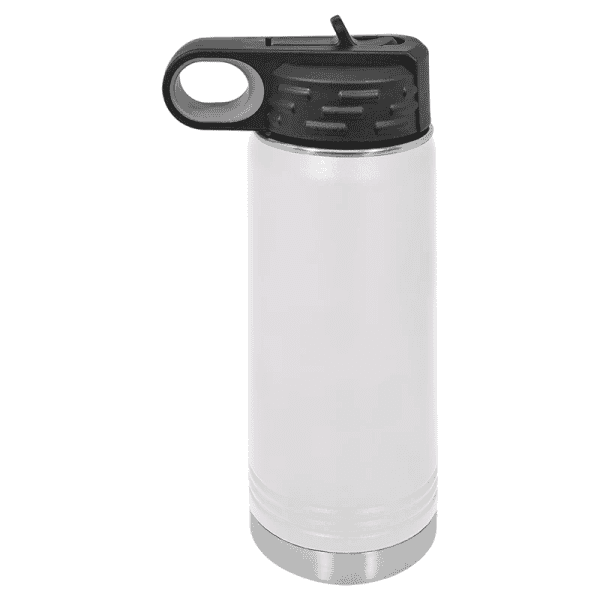 Stainless steel insulated water bottle with black lid, portable hydration container.