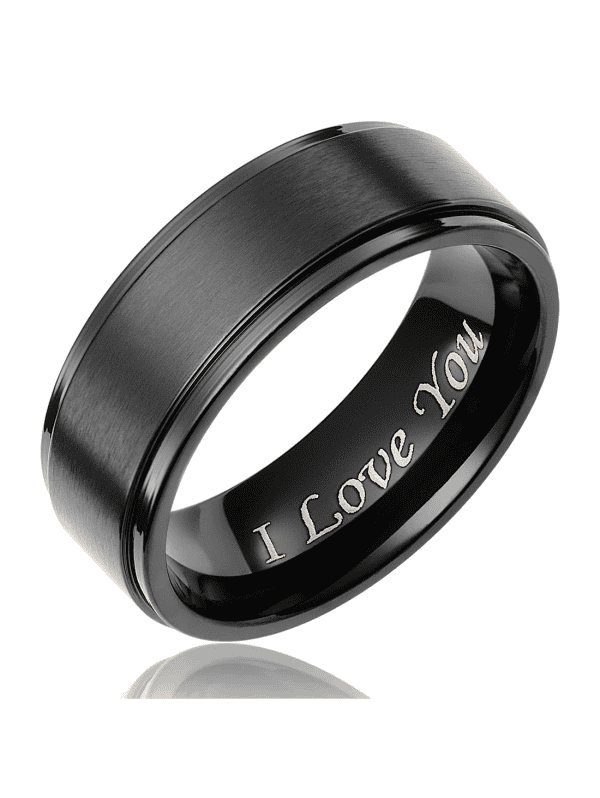 Engraved black titanium wedding band with "I Love You" inside, stylish and personalized jewelry.