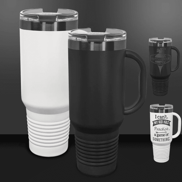Custom engraved black 40 oz travel mug with handle and straw, perfect for hot or cold drinks.