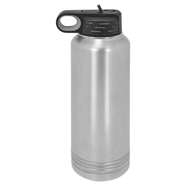 Stainless steel reusable water bottle with black lid for hydration on the go. Perfect for fitness, travel, and daily use.