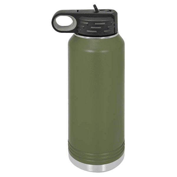 Durable green stainless steel water bottle with black flip-top lid.