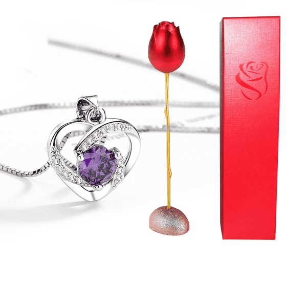 Delicate silver necklace with a heart-shaped amethyst pendant, accented with sparkling crystals, perfect for gifting.