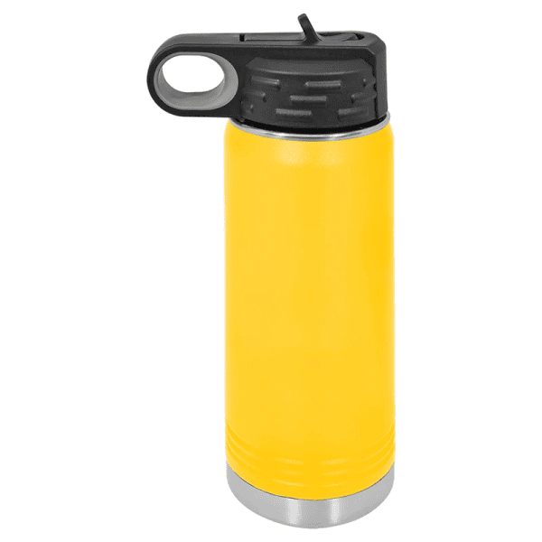 Yellow insulated water bottle with black lid for outdoor use.