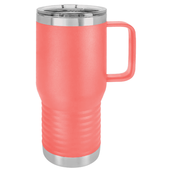 Stainless steel insulated travel tumbler with handle, powder coated finish, perfect for hot or cold.