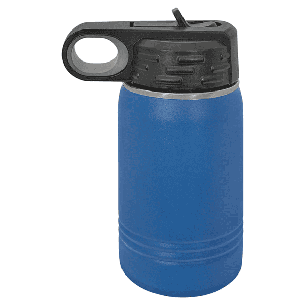 Durable blue insulated water bottle with black carabiner lid, ideal for outdoor activities and sports.