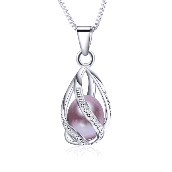 Delicate silver pendant with pink pearl, adorned with small crystals, perfect for jewelry lovers.