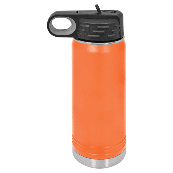 Insulated orange water bottle with black lid, ideal for outdoor activities and sports.
