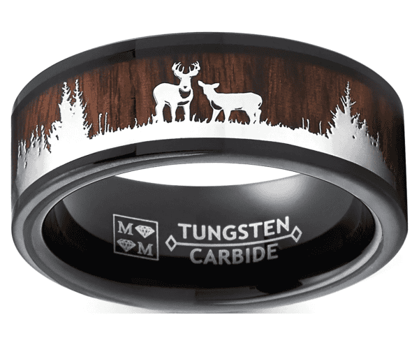 Deer stag silhouette engraved on a tungsten wedding band with wood inlay, perfect for hunting enthus.