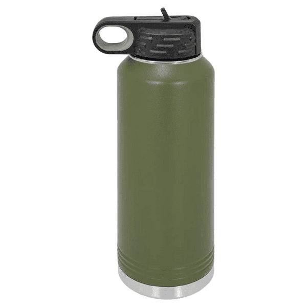 Stainless steel green water bottle with black lid, reusable and durable for outdoor activities.