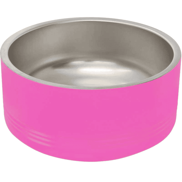Pink pet bowl with stainless steel interior, ideal for small pets, durable, and dishwasher safe.