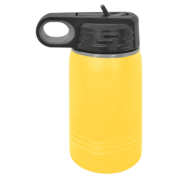 Durable yellow travel water bottle with black lid and handle, perfect for sports and outdoor activities.