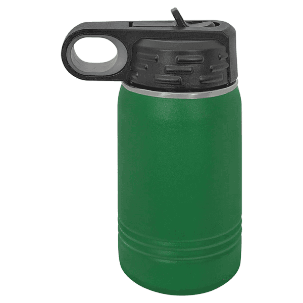 Eco-friendly green water bottle with black sports cap, ideal for outdoor activities.