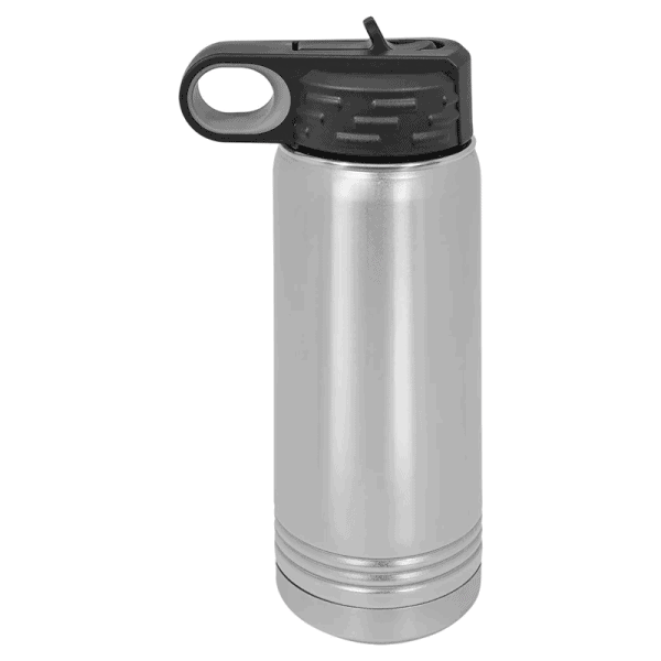 Durable stainless steel vacuum bottle with black plastic lid, perfect for travel and outdoor use.