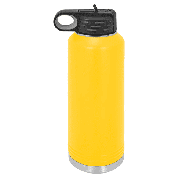 Durable yellow water bottle with black lid for outdoor activities.