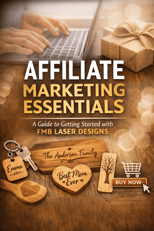 Custom laser-engraved gift box with personalized tags for affiliate marketing e-book.